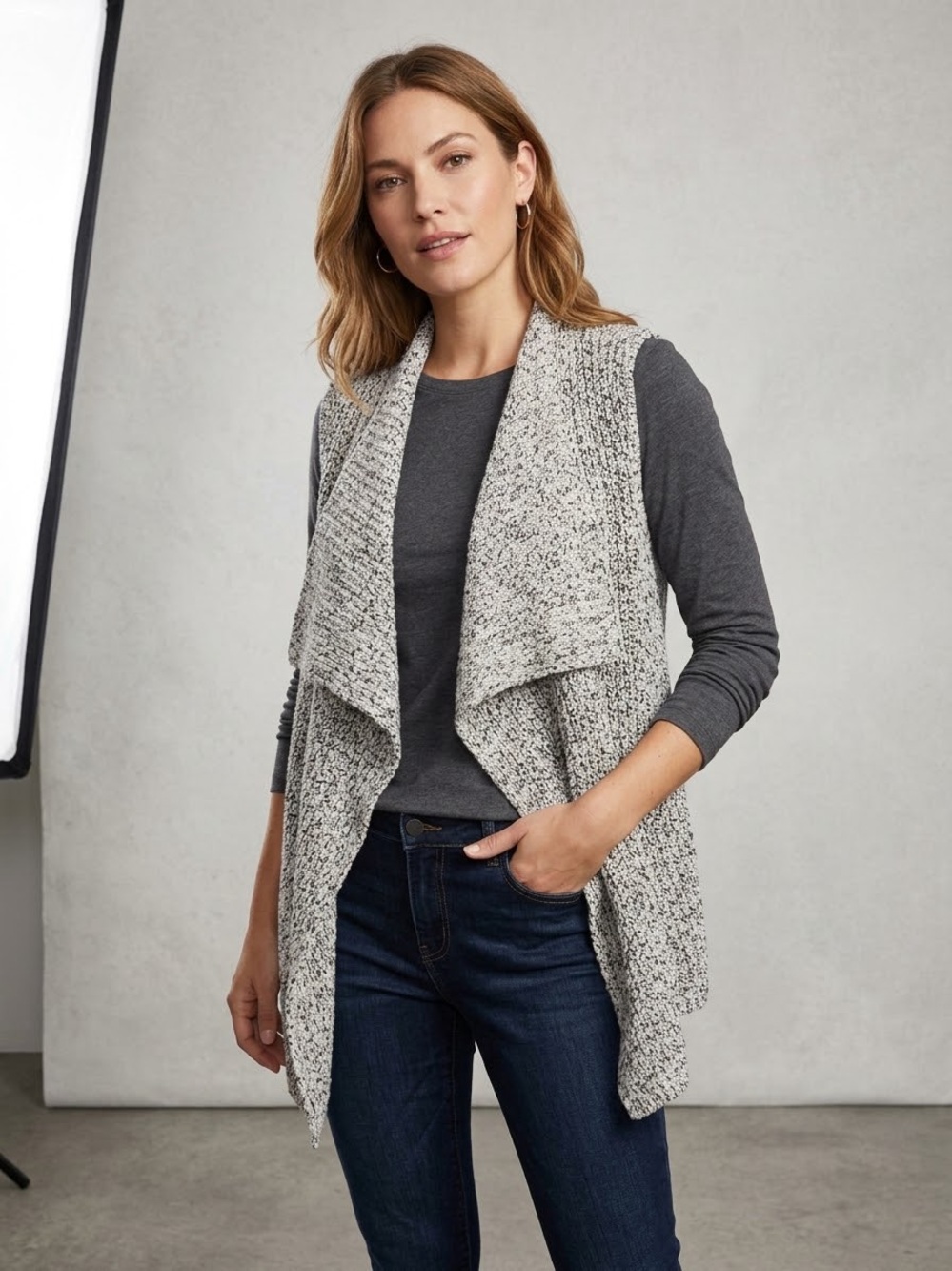 Jones New York Marled Gray Bouclé Open-Front Vest